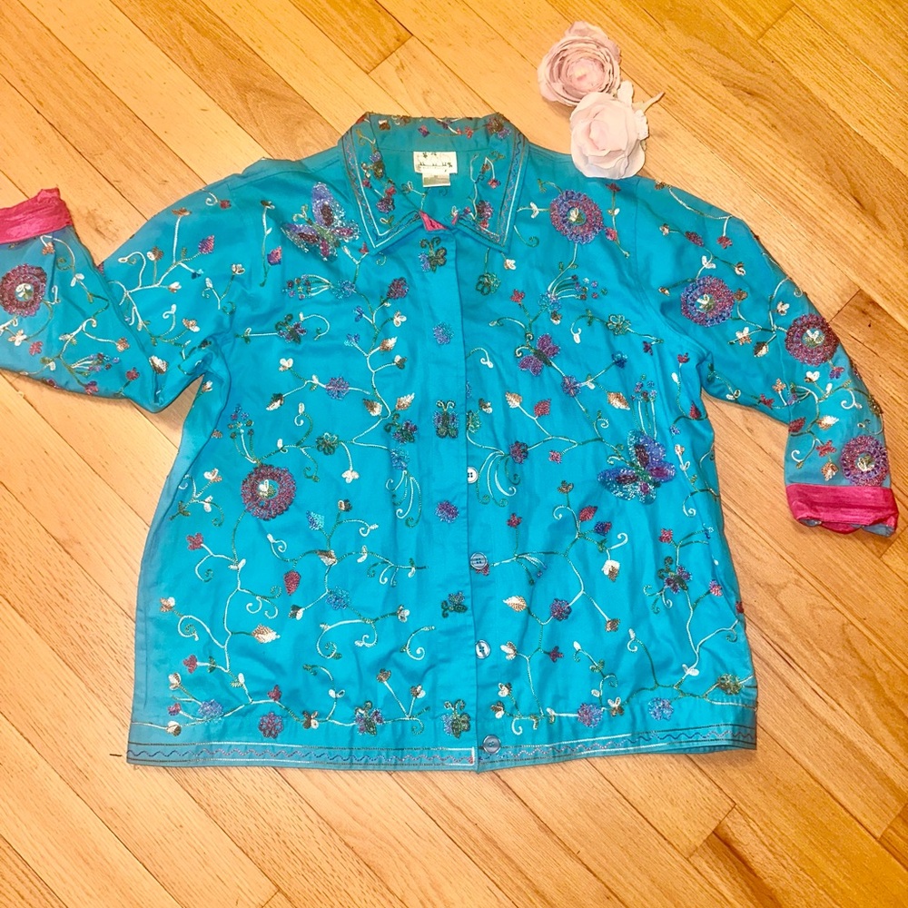 Quaker Factory Beaded Embroidered Butterfly Jacket Black womens sz 1x